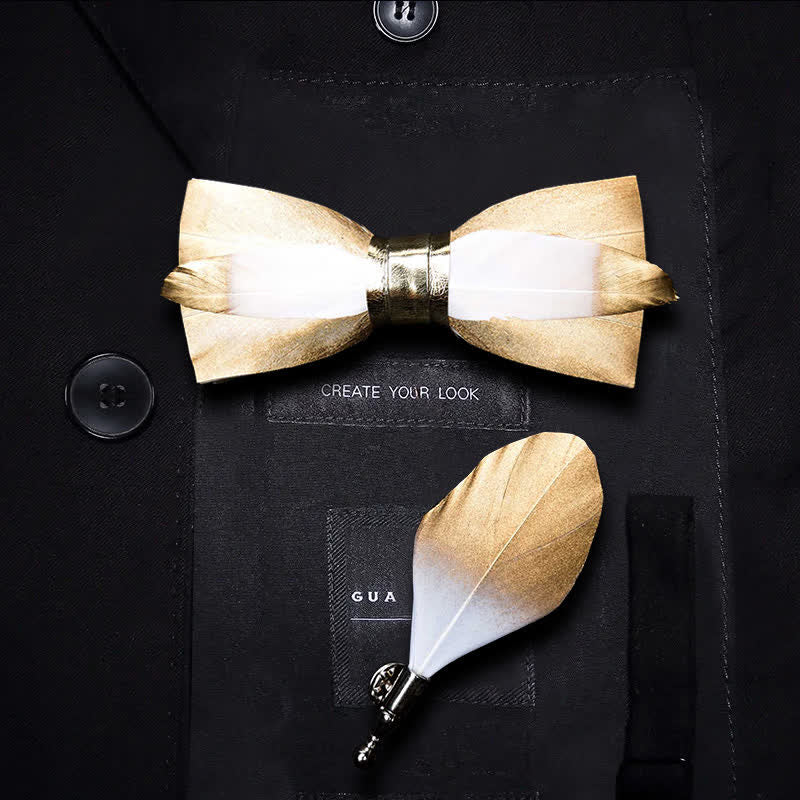 Gold & White Butterscotch Feather Bow Tie with Lapel Pin - Image 6