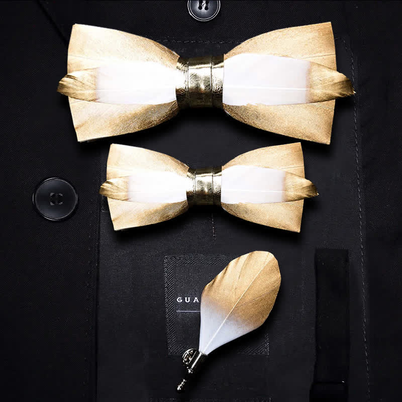 Gold & White Butterscotch Feather Bow Tie with Lapel Pin - Image 7