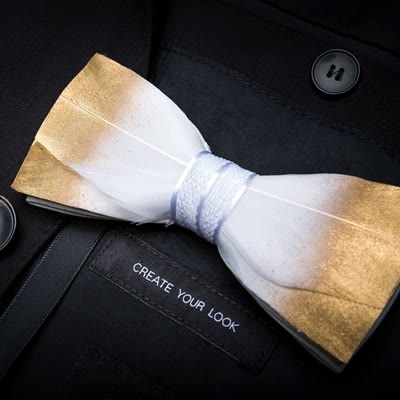 Gold & White Classic Feather Bow Tie with Lapel Pin - Image 2