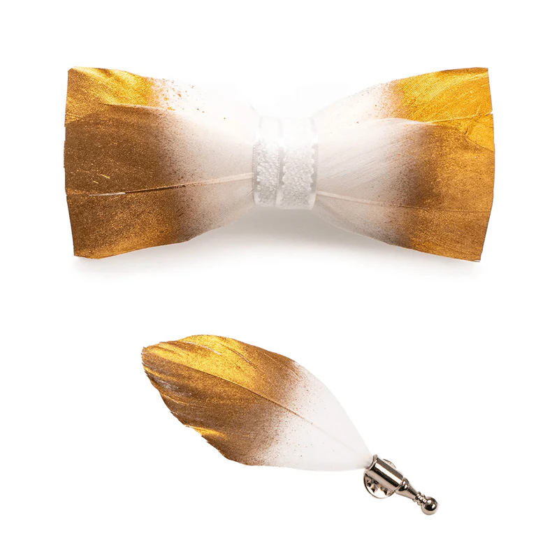 Gold & White Classic Feather Bow Tie with Lapel Pin - Image 3
