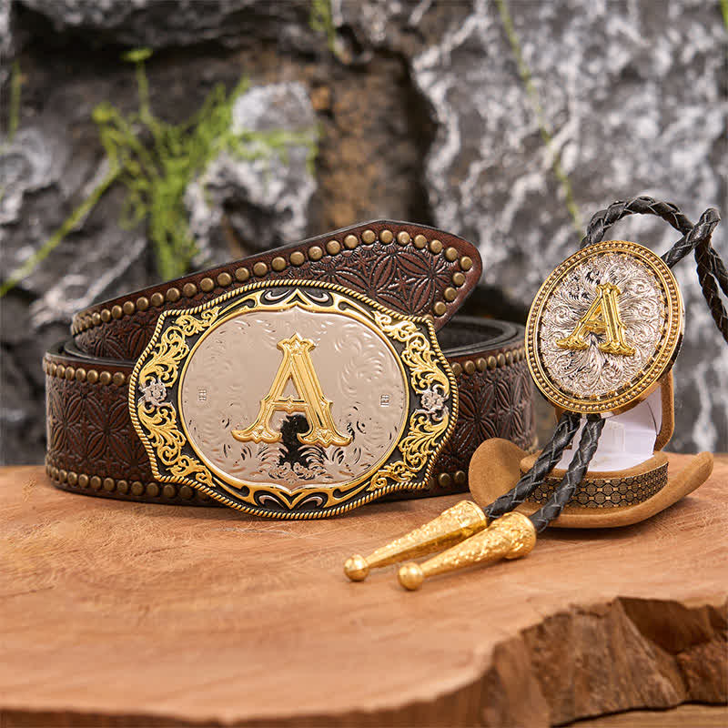 Golden Black Initial Letter DIY Belt Buckle Gold Bolo Tie Bundle Set - Image 5