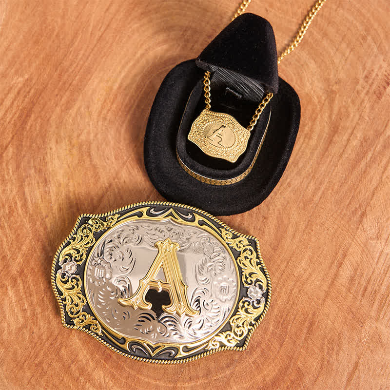Golden Black Initial Letter DIY Belt Buckle Gold Necklace Bundle Set - Image 2