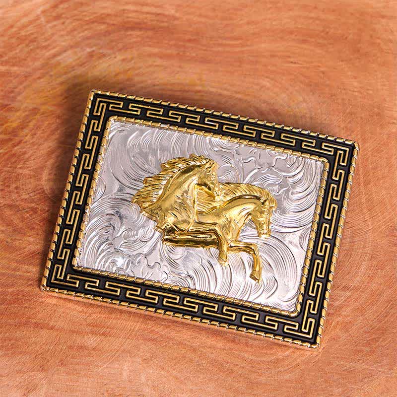 Golden & Black Rectangular Double Horses DIY Large Buckle Leather Belt - Image 2