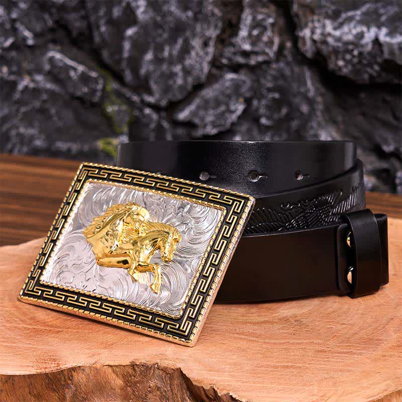 Golden & Black Rectangular Double Horses DIY Large Buckle Leather Belt - Image 6