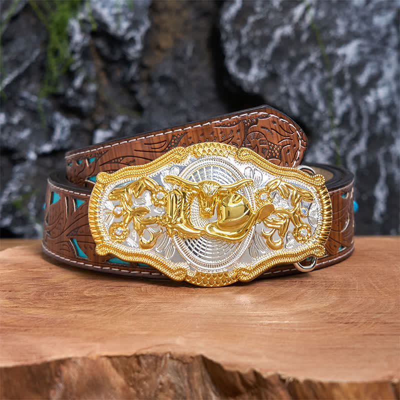 Golden Bull & Cowboy Hat DIY West Large Buckle Leather Belt - Image 5