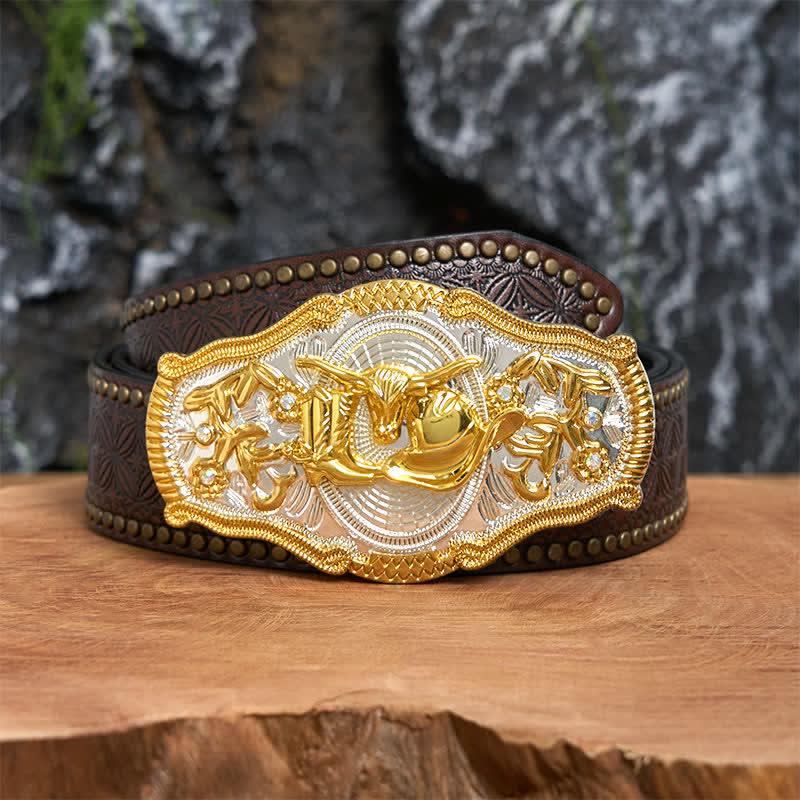 Golden Bull & Cowboy Hat DIY West Large Buckle Leather Belt - Image 6