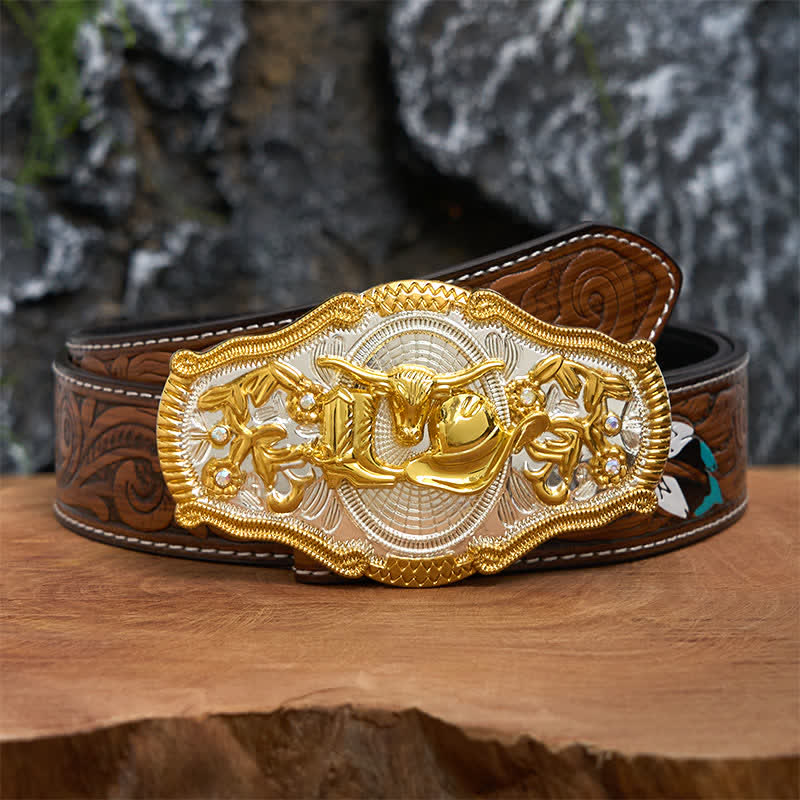 Golden Bull & Cowboy Hat DIY West Large Buckle Leather Belt - Image 9