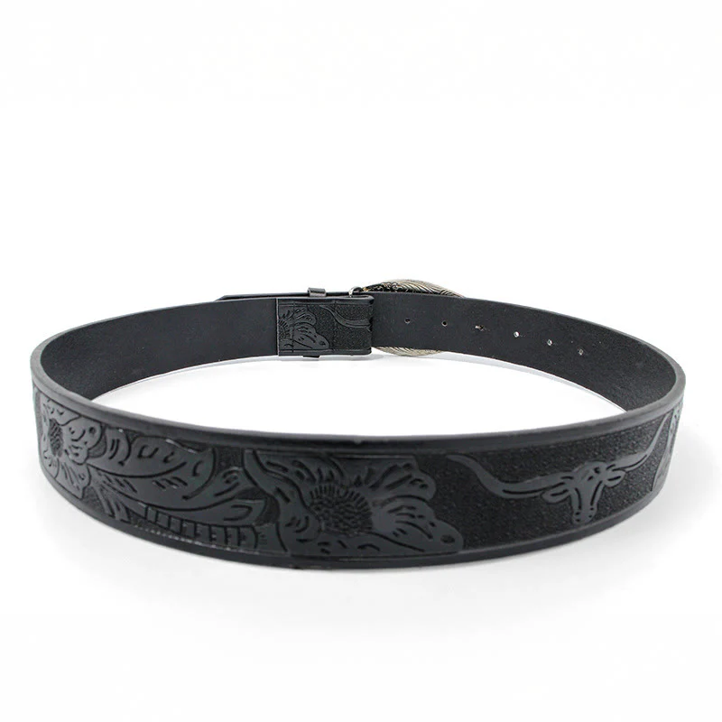 Men's Golden Bull Head Pattern Buckle Black Carved Belt - Image 3