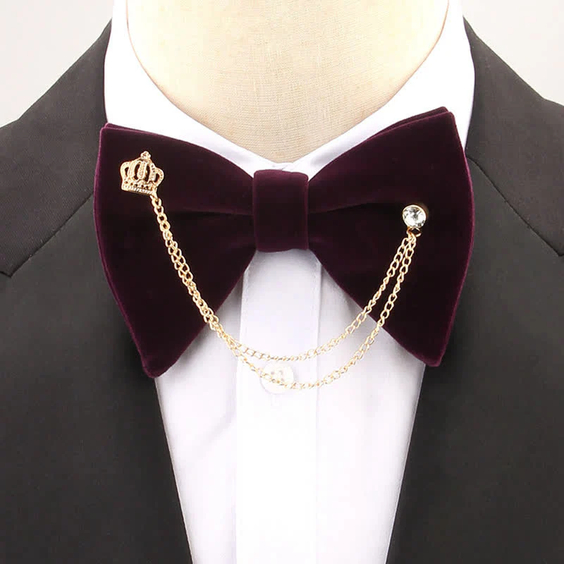 Golden Chain Solid Color Velvet Oversized Pointed Bow Tie - Image 8