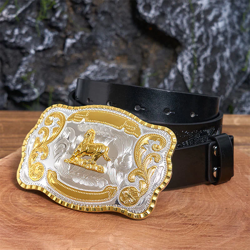 Golden Gallant Horse DIY Cowboy Buckle Leather Belt - Image 2