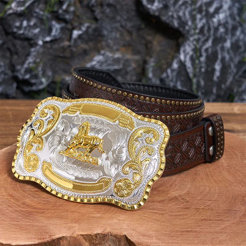 Golden Gallant Horse DIY Cowboy Buckle Leather Belt - Image 6