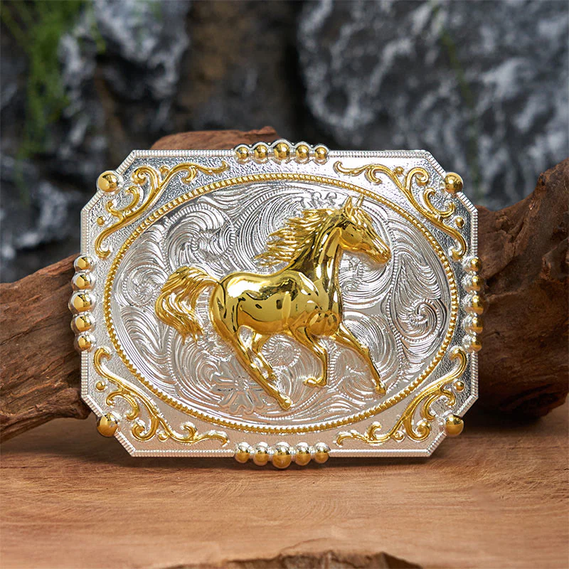 Golden Running Horse DIY Cowboy Buckle Leather Belt