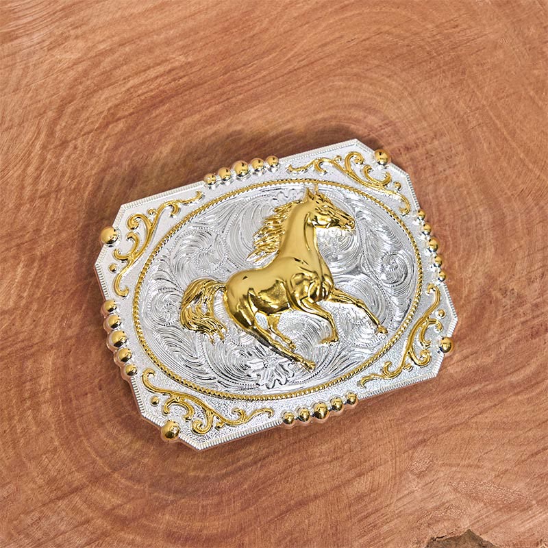 Golden Running Horse DIY Cowboy Buckle Leather Belt - Image 3