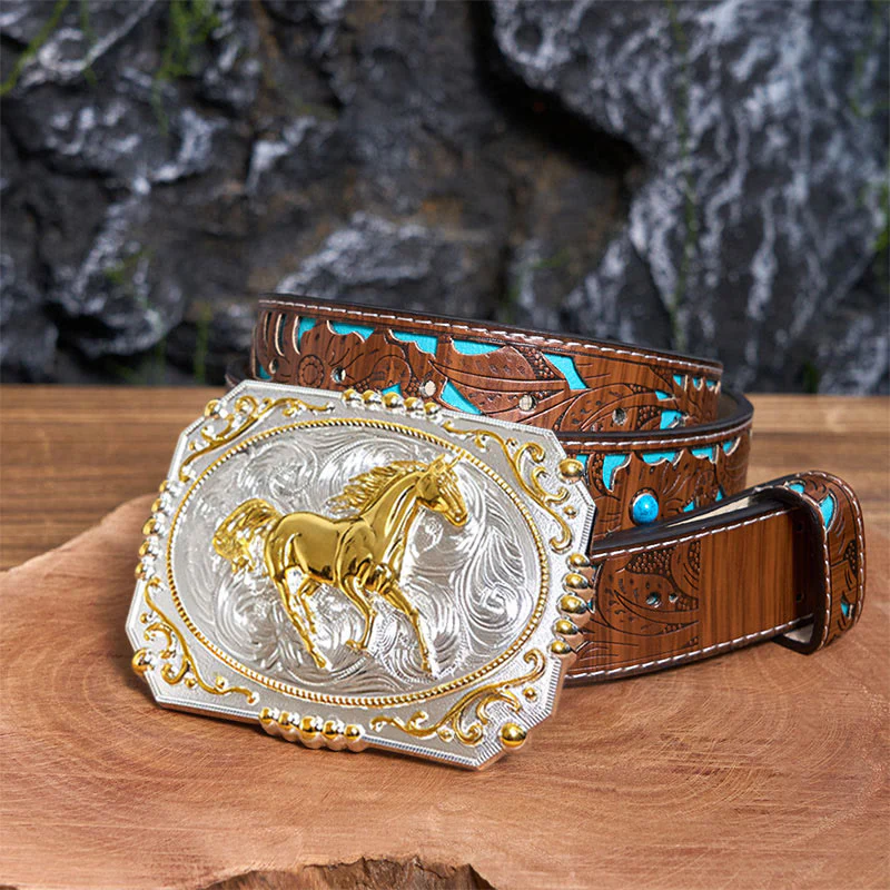 Golden Running Horse DIY Cowboy Buckle Leather Belt - Image 5