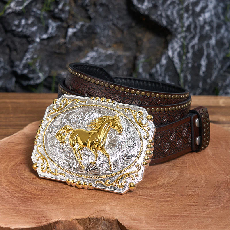 Golden Running Horse DIY Cowboy Buckle Leather Belt - Image 6