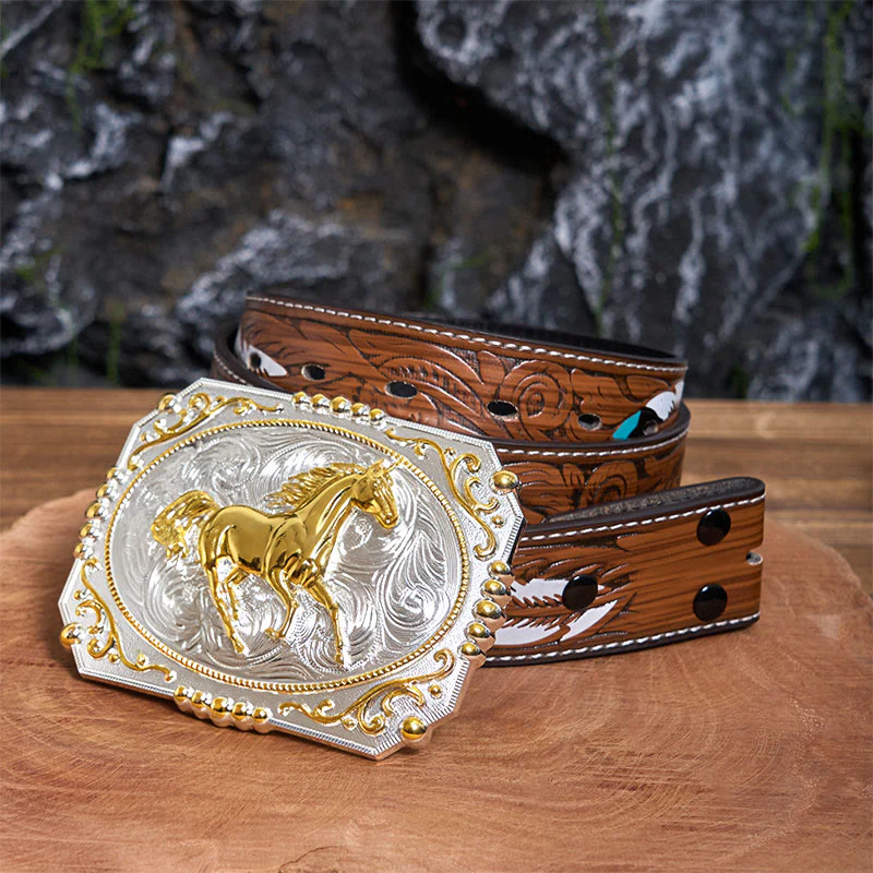 Golden Running Horse DIY Cowboy Buckle Leather Belt - Image 9