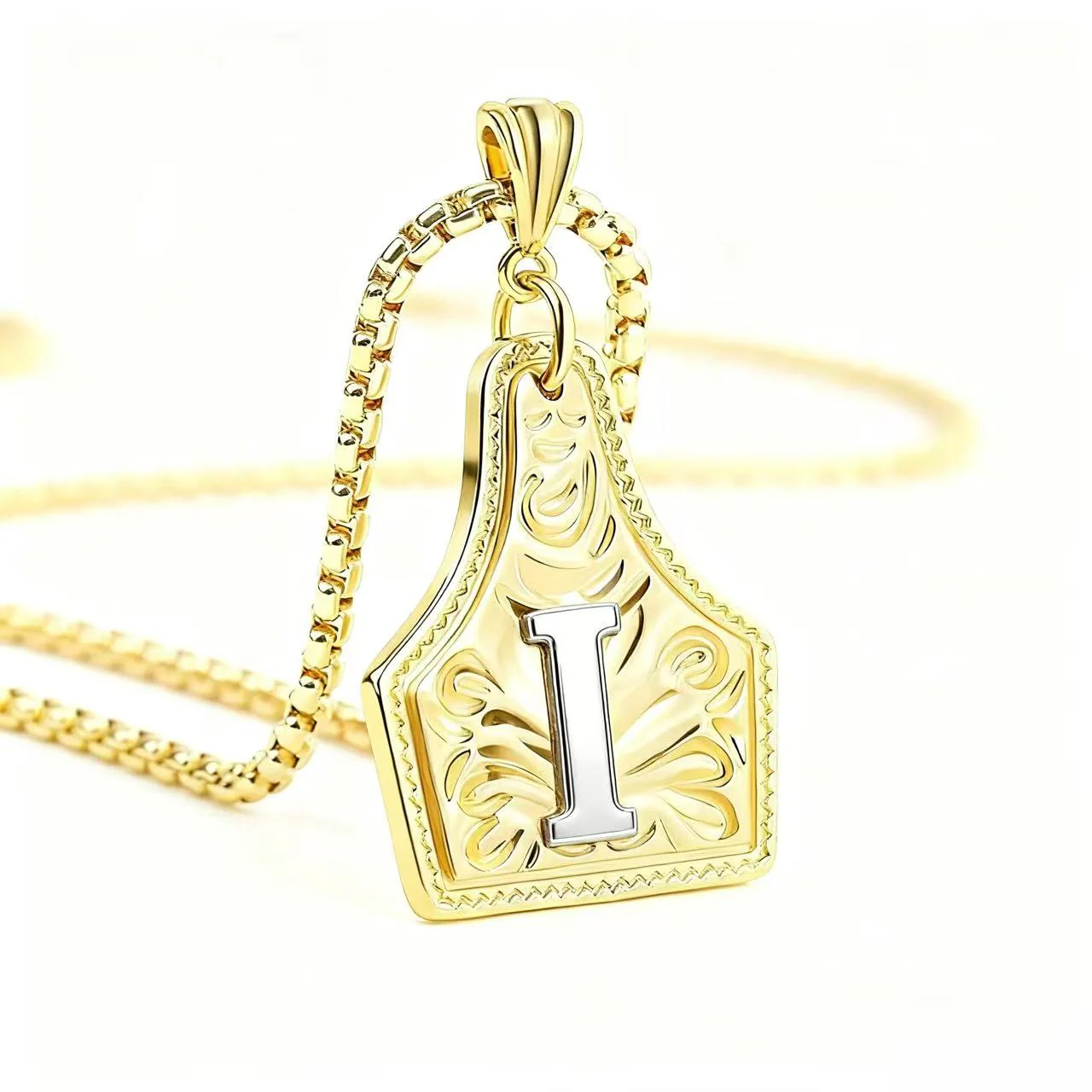 Golden & Silver Exquisite Letter Pendant Embossed Necklace - Image 13