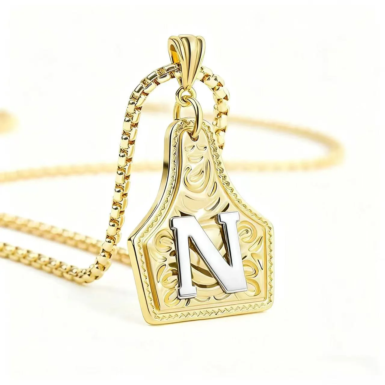 Golden & Silver Exquisite Letter Pendant Embossed Necklace - Image 18