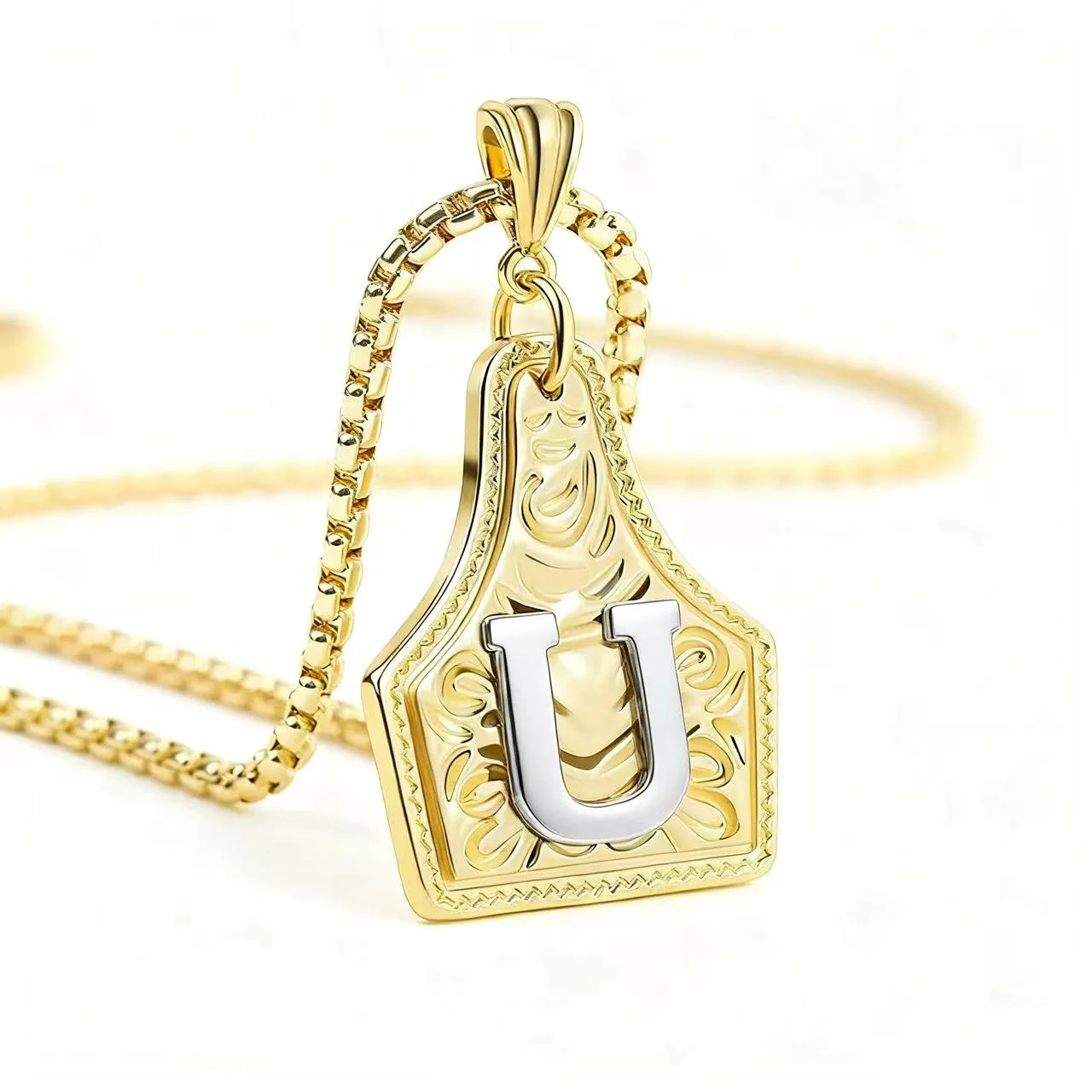 Golden & Silver Exquisite Letter Pendant Embossed Necklace - Image 25