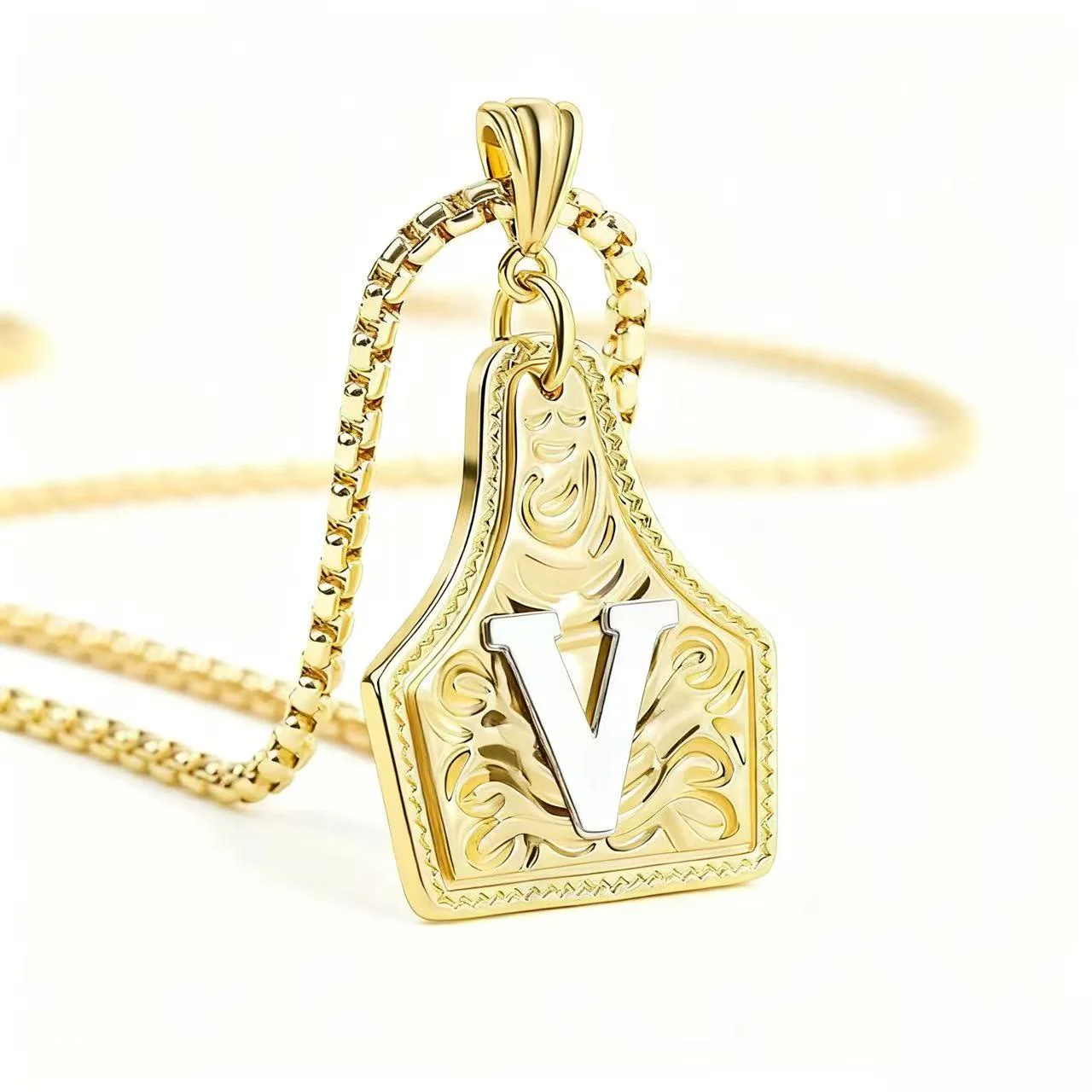 Golden & Silver Exquisite Letter Pendant Embossed Necklace - Image 26