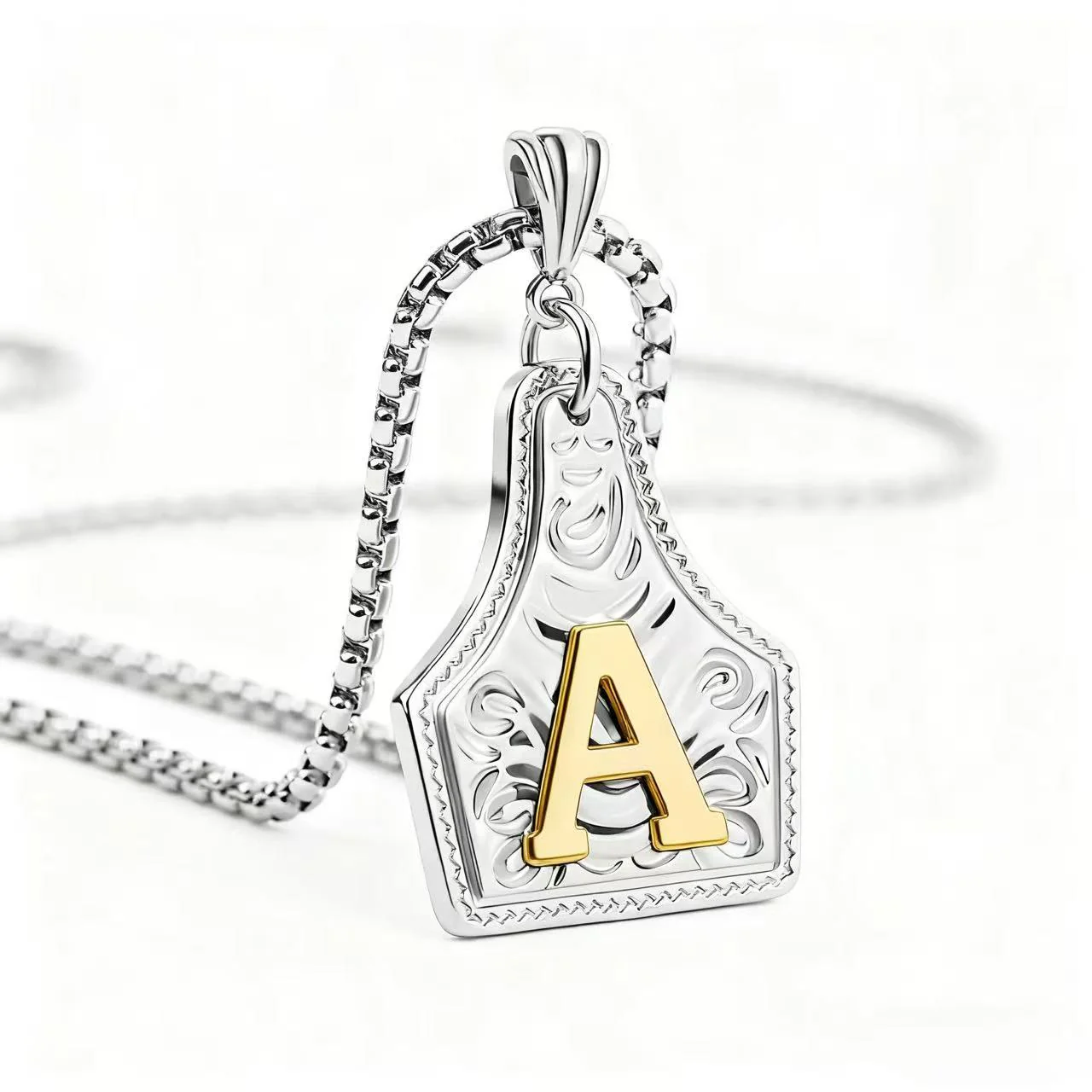 Golden & Silver Exquisite Letter Pendant Embossed Necklace - Image 31