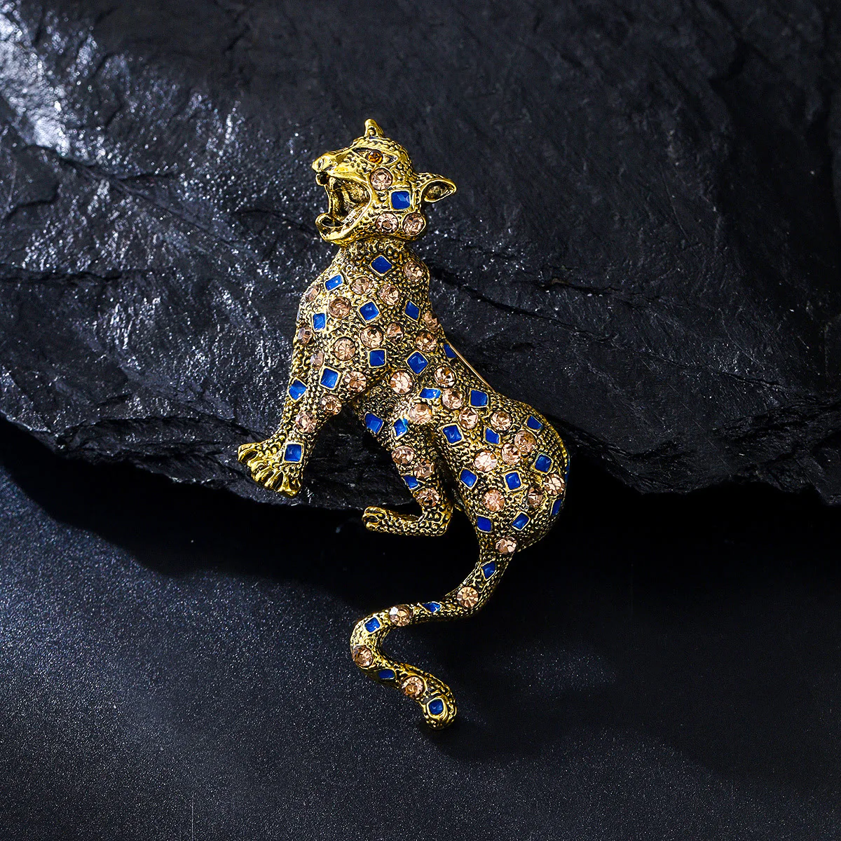 Golden Studded Diamond Blue Square Leopard Brooch - Image 2
