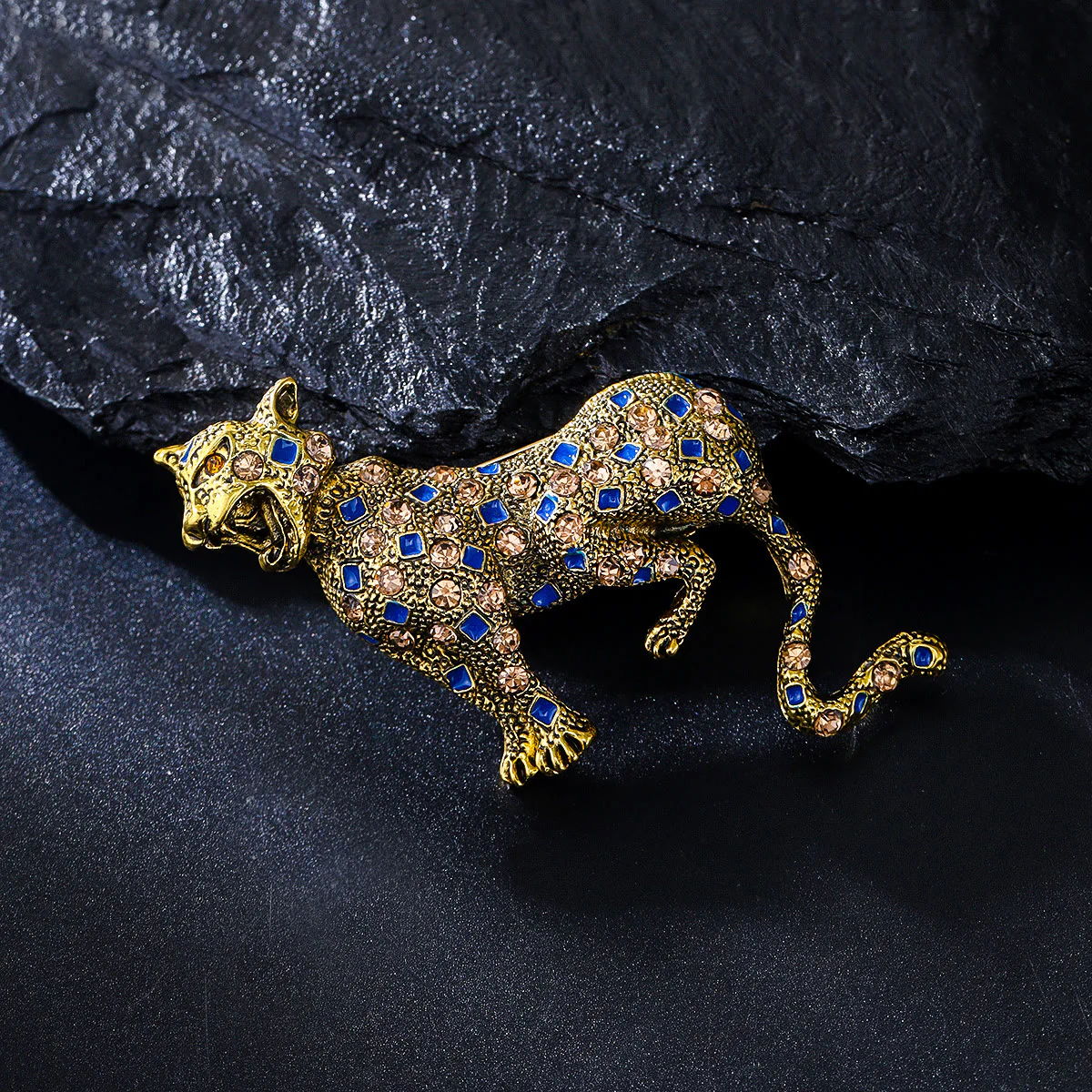 Golden Studded Diamond Blue Square Leopard Brooch - Image 3