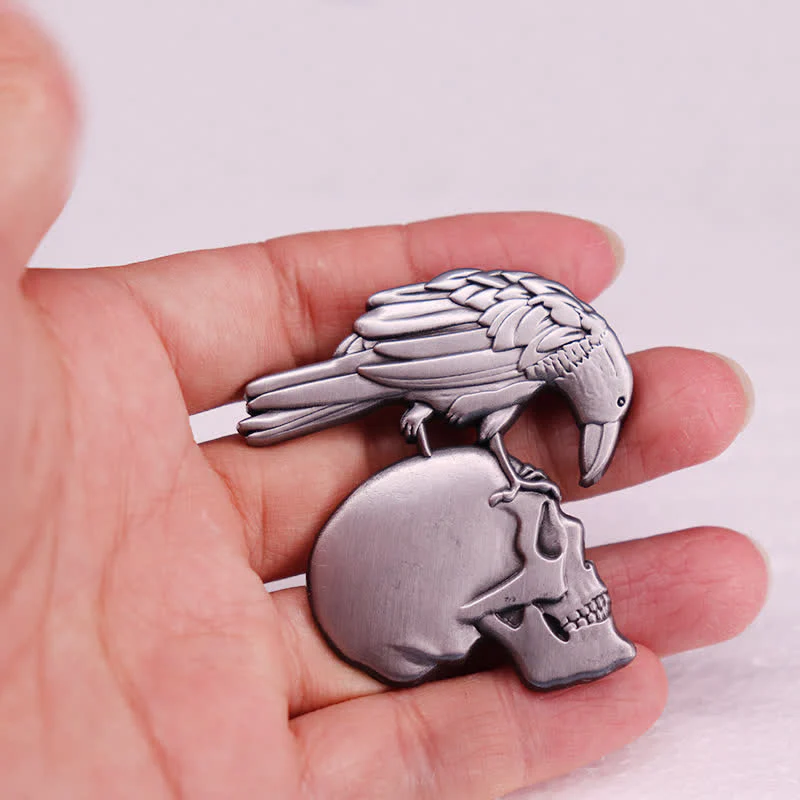Gothic Antique Silver Embossed Raven Skull Brooch - Image 3