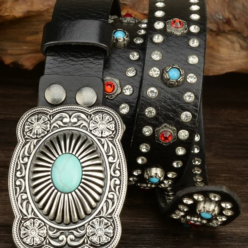 Gothic Red & Blue Gem Rivets Retro Black Leather Belt - Image 4