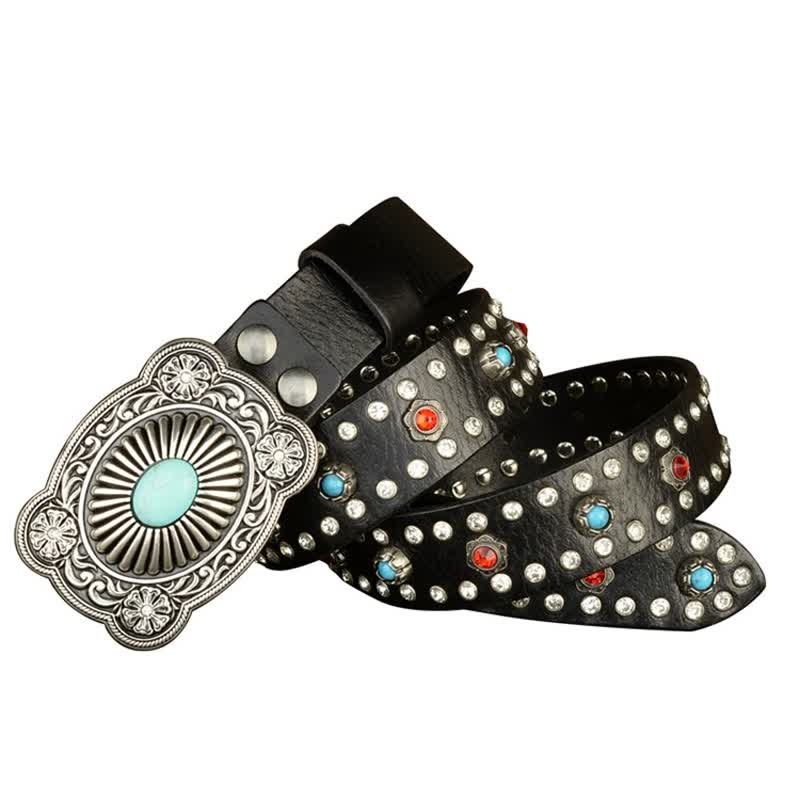 Gothic Red & Blue Gem Rivets Retro Black Leather Belt - Image 6
