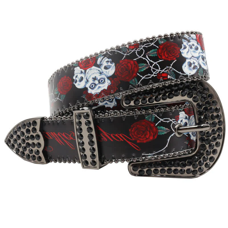 Gothic Rhinestones Skeleton Rose Printed Leather Belt - Image 3