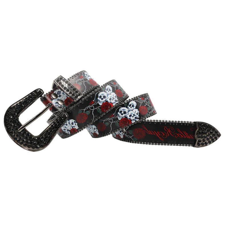 Gothic Rhinestones Skeleton Rose Printed Leather Belt - Image 4