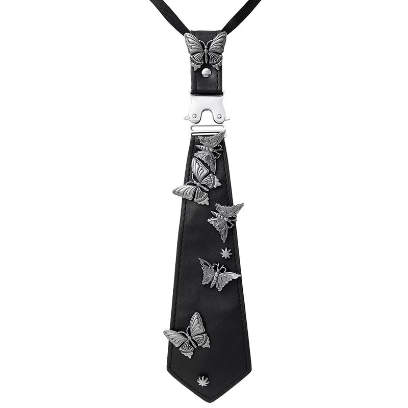 Gothic Romantic Butterfly Embellished Leather Pre-Tied Necktie