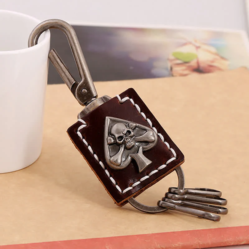 Gothic Skull Poker Ace Handmade Leather Keychain - Image 3