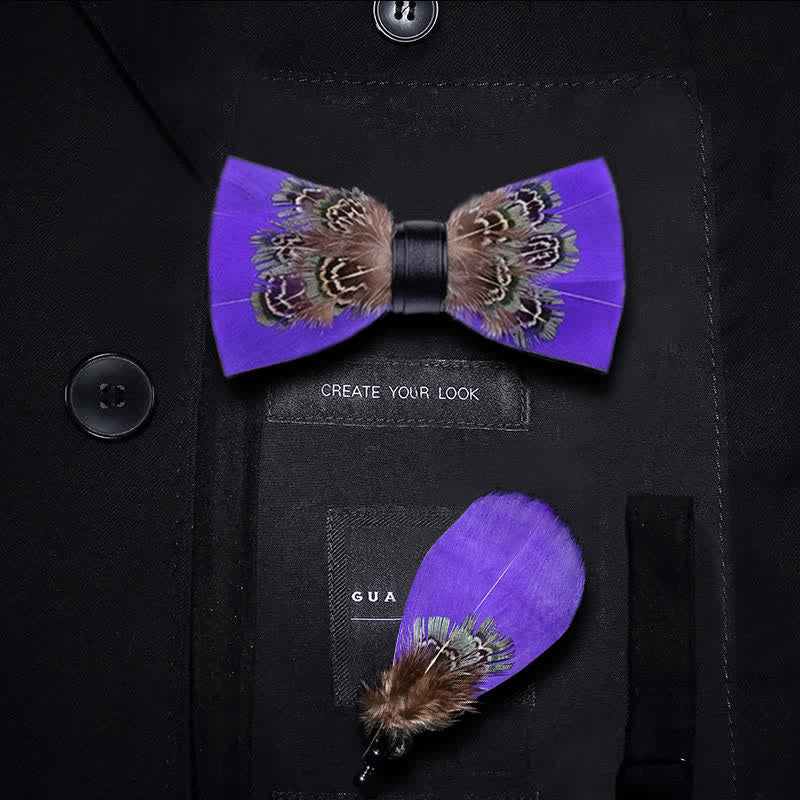 Graceful Purple Pheasant Feather Bow Tie with Lapel Pin - Image 3