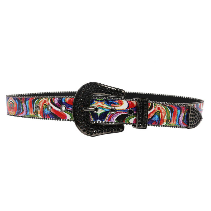 Graffiti Rainbow Printed Rhinestones Buckle Leather Belt - Image 3