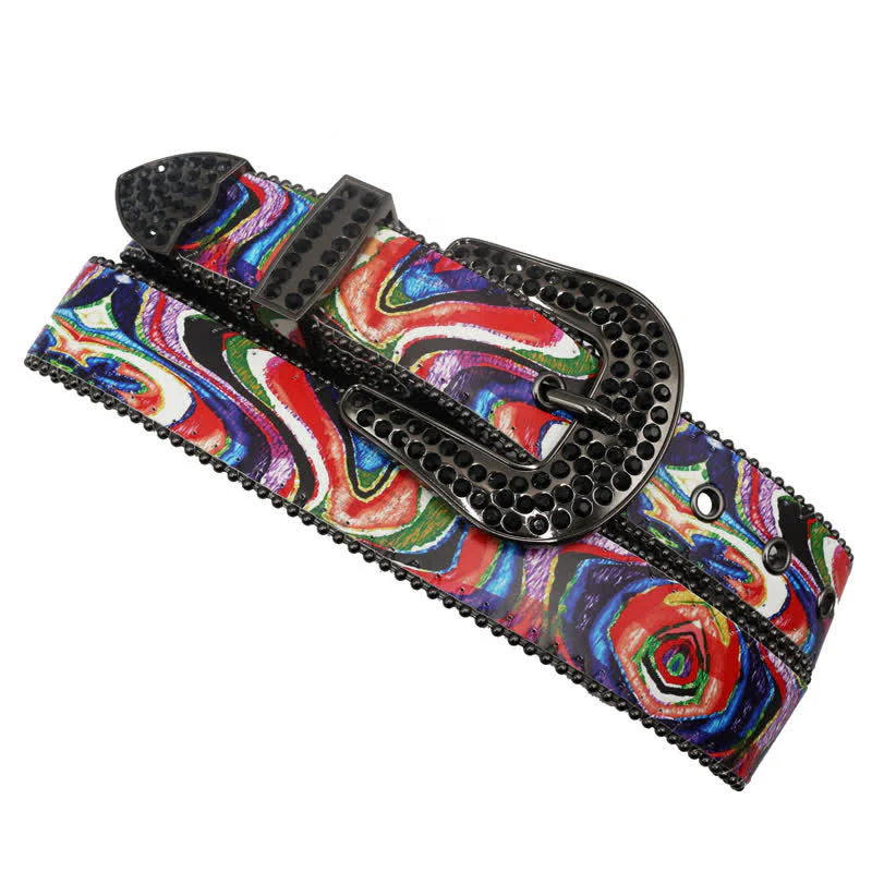 Graffiti Rainbow Printed Rhinestones Buckle Leather Belt - Image 4