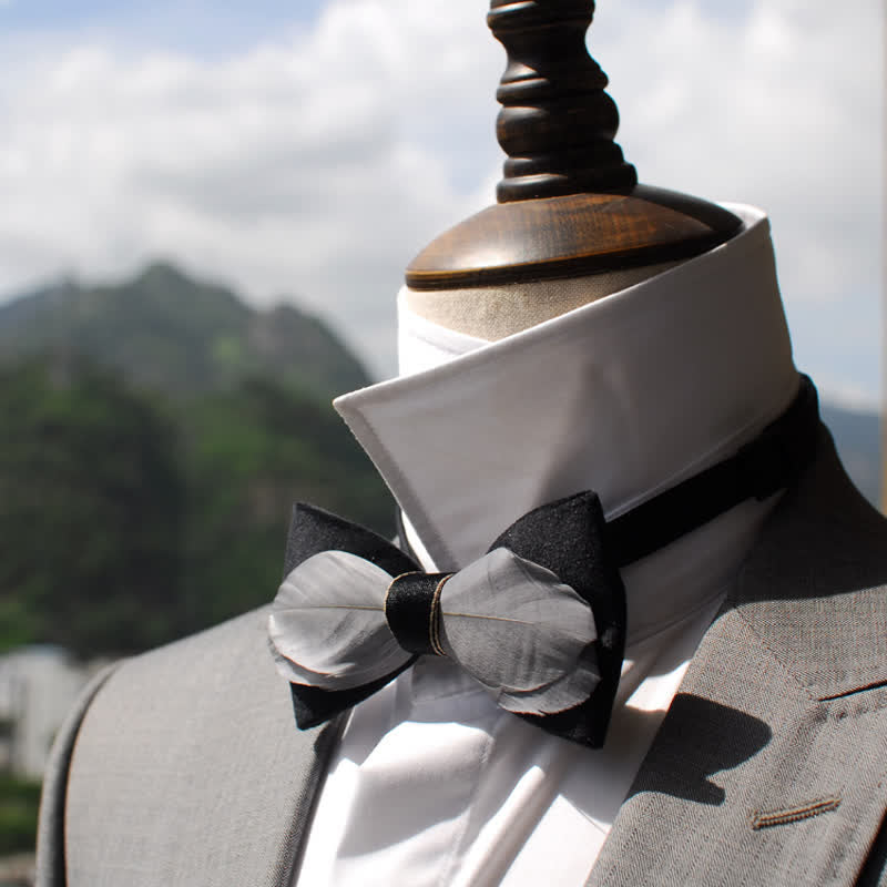 Gray & Black Velvet Feather Bow Tie - Image 2