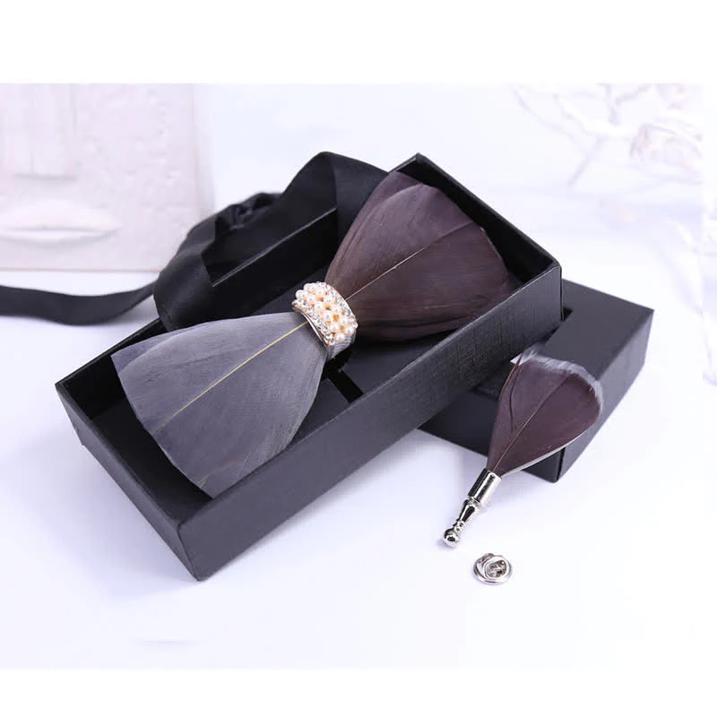 Gray & Brown Shiny Pearl Feather Bow Tie with Lapel Pin - Image 3