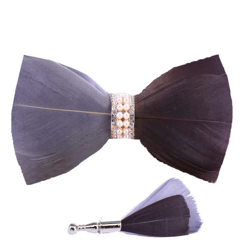 Gray & Brown Shiny Pearl Feather Bow Tie with Lapel Pin - Image 4