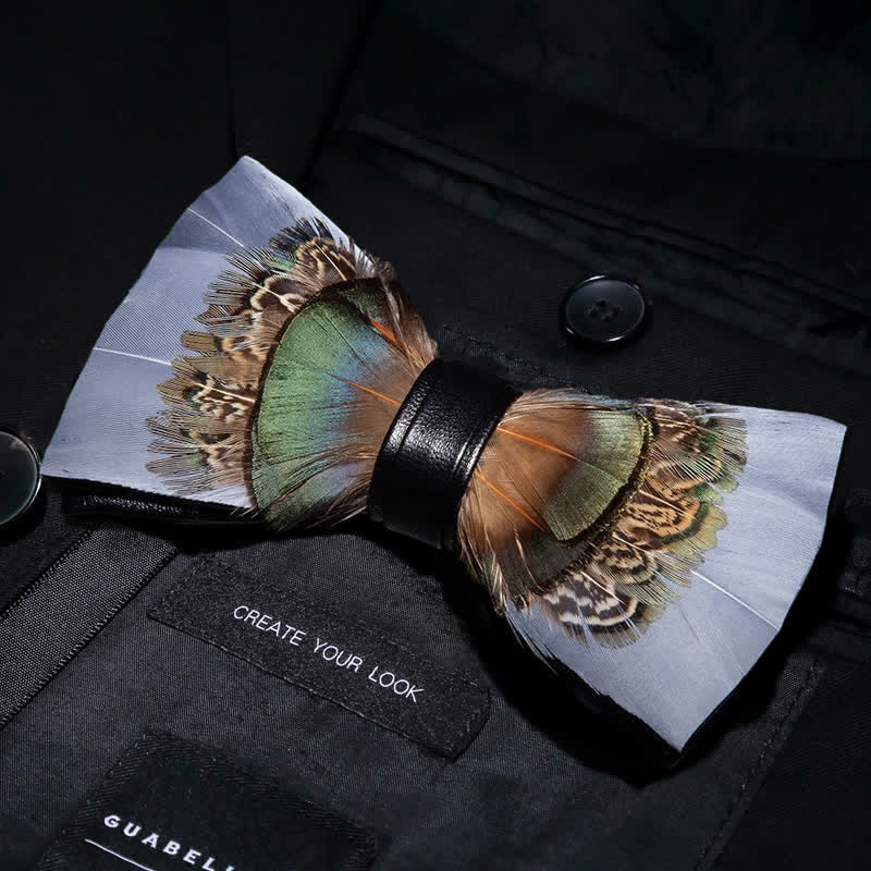 Gray & Green Gentleman Feather Bow Tie with Lapel Pin - Image 2