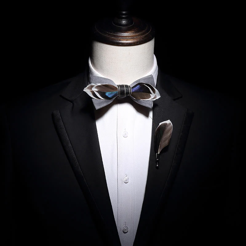 Gray Mallard Duck Feather Bow Tie with Lapel Pin - Image 3