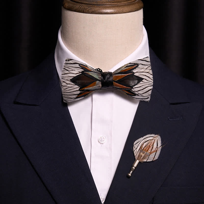 Gray & White Web-like Feather Bow Tie With Lapel Pin - Image 2