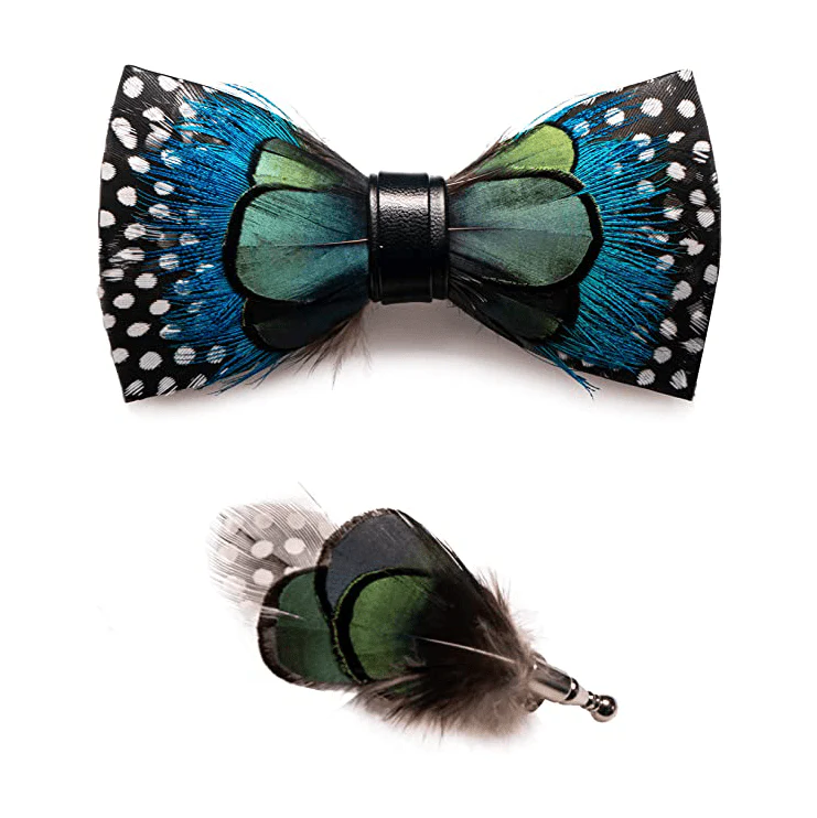 Green & Blue Polka Dots Feather Bow Tie with Lapel Pin - Image 5