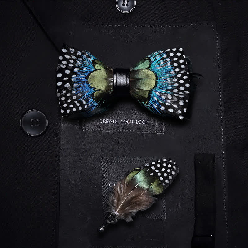 Green & Blue Polka Dots Feather Bow Tie with Lapel Pin - Image 7