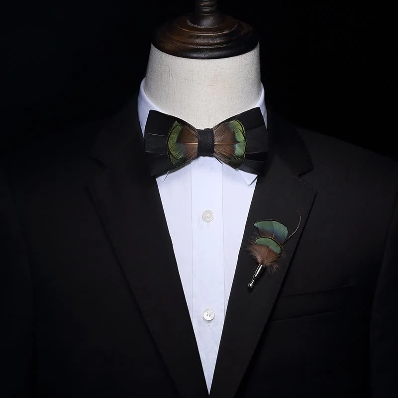 Green & Brown Spring Feather Bow Tie with Lapel Pin - Image 3