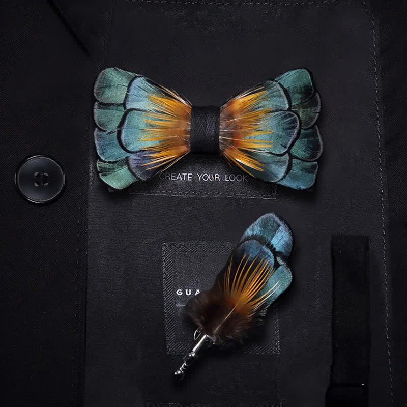 Green & Orange Sunflower Feather Bow Tie with Lapel Pin - Image 6