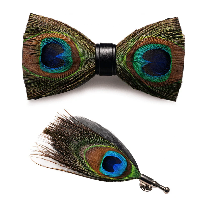 Green Peacock Feather Bow Tie with Lapel Pin - Image 4