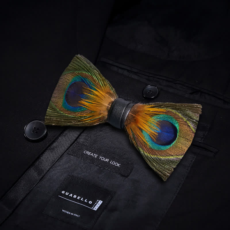 Green Peafowl Eyes Feather Bow Tie with Lapel Pin - Image 3