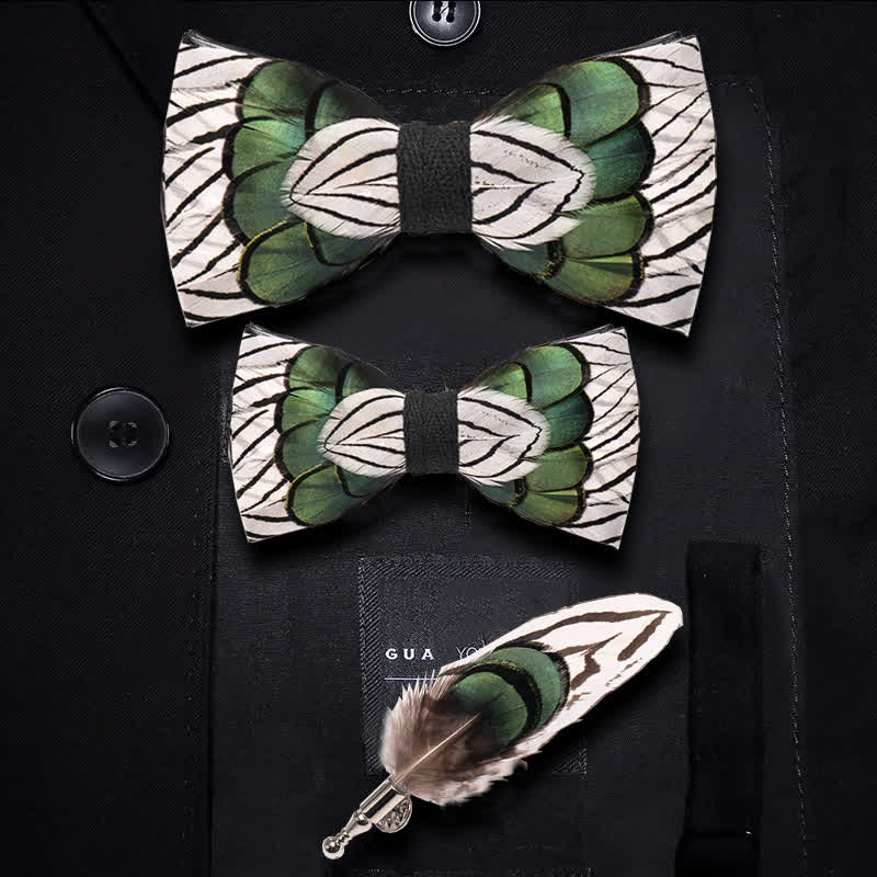 Green & White Forest Feather Bow Tie with Lapel Pin - Image 5
